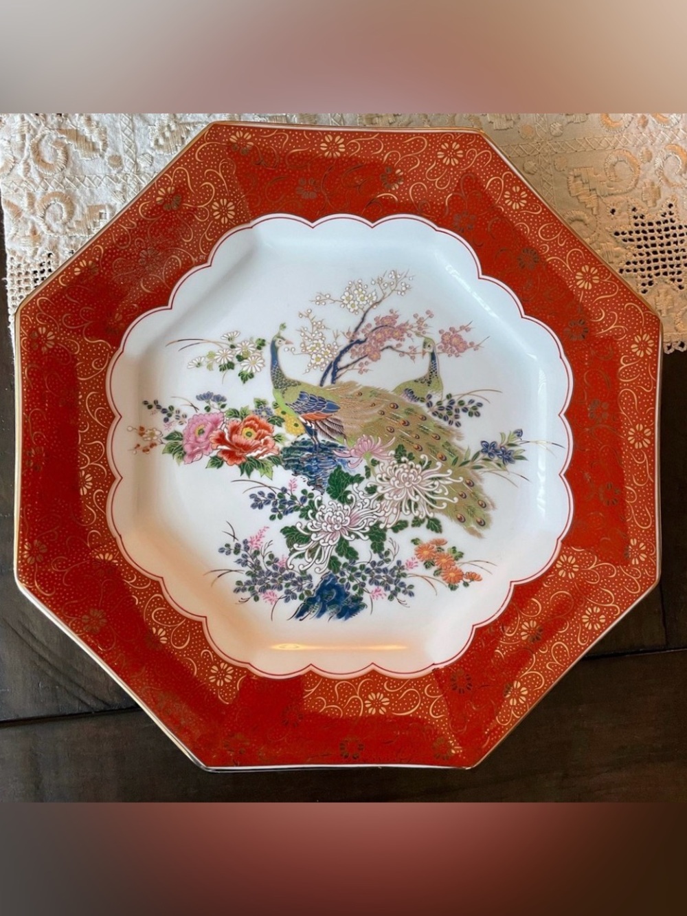 Satsuma Porcelain Octagonal Peacock Decor Plate.